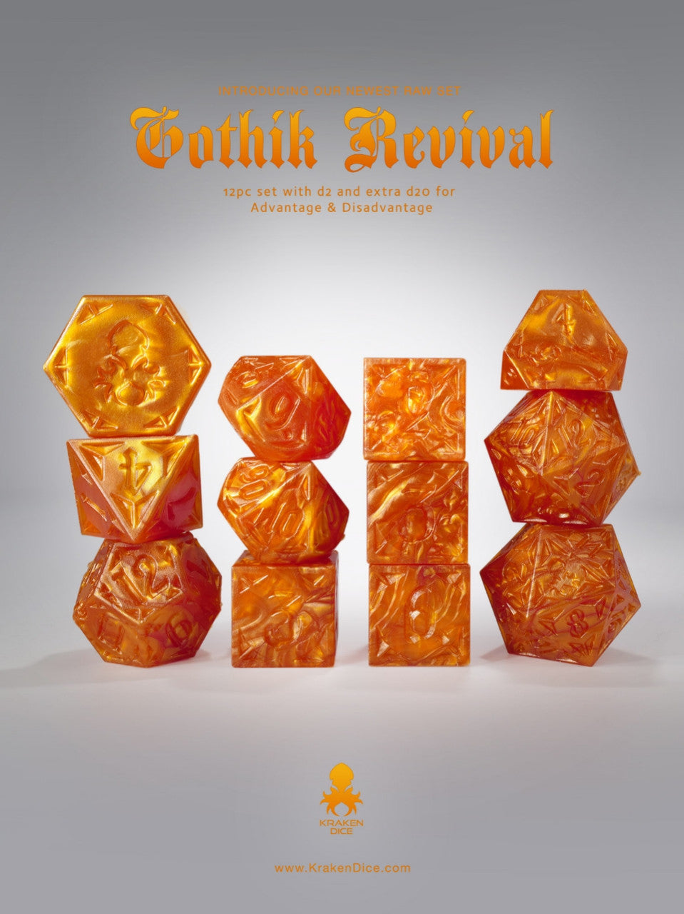 RAW Orange Gothik Revival RPG 12pc Dice Set